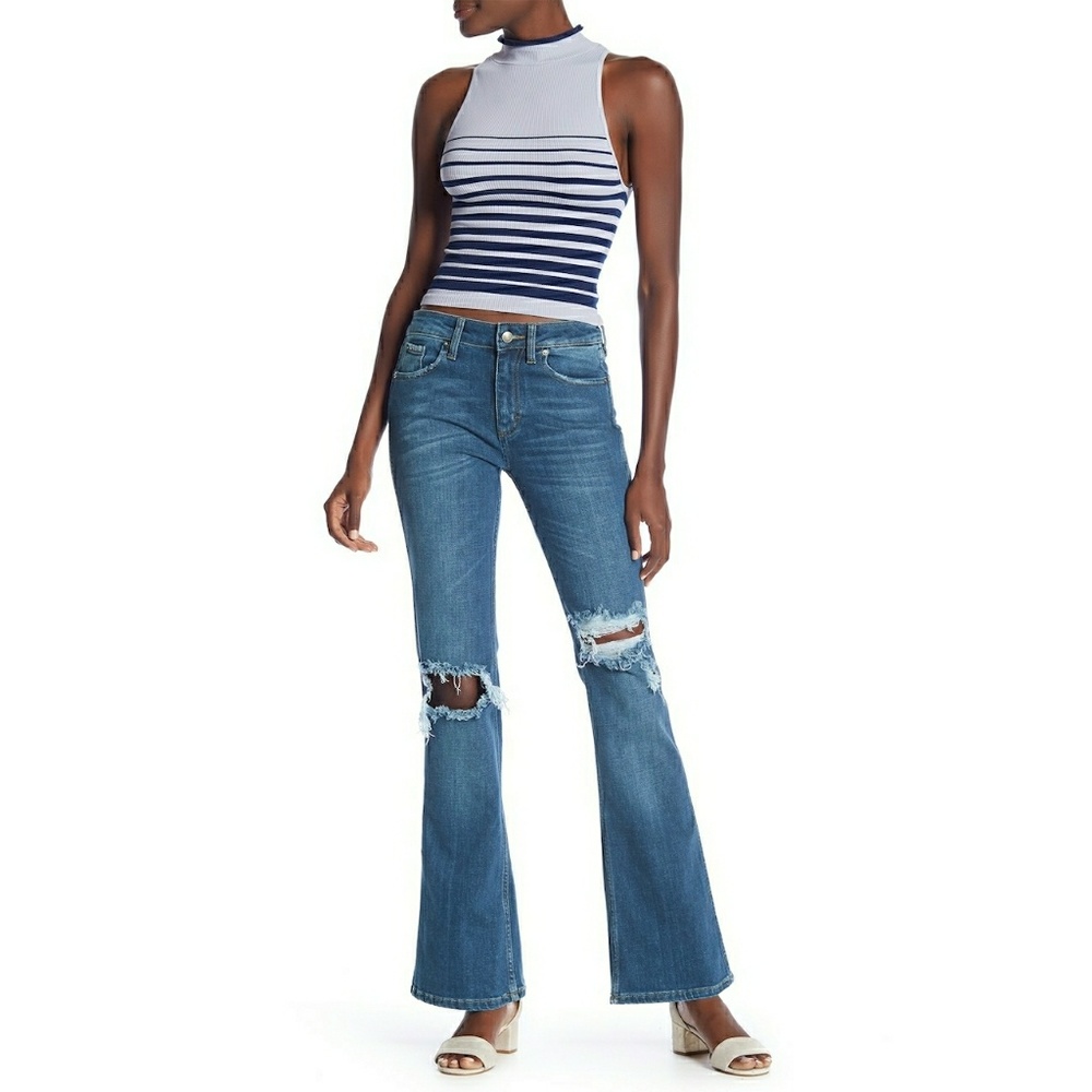 New! FREE PEOPLE Ripped Flare Blue Jeans Denim - Picture 4 of 6